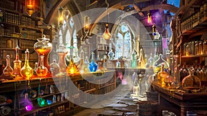 Enchanted alchemy lab with glowing potion bottles