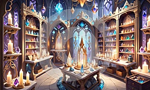 Enchanted alcove adorned with bewitched gemstones. Amulets concept. Fairy tale background. Extra wide banner. AI