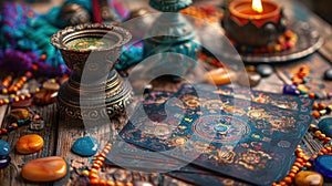 Enchanted Altar with Tarot Pendulum, Defocused Cards, and Chakra Stones for Cartomancy and Mystical Divination