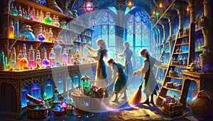 Enchanted Apothecary with Wizards Preparing Potions