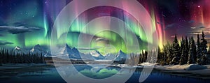 Enchanted Aurora: spellbinding panorama showcasing the ethereal beauty of the Northern Lights dancing across the night panorama