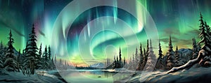 Enchanted Aurora: spellbinding panorama showcasing the ethereal beauty of the Northern Lights dancing across the night panorama