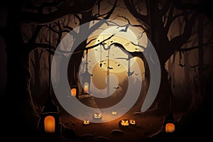 Enchanted Autumn Evening: A Radiant Jack-o\'-Lantern Aglow in the Heart of Halloween Background