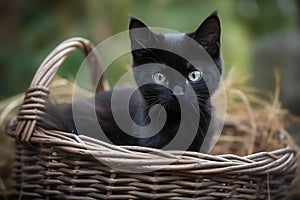 Enchanted Black Kitten in a Mystical Wicker Basket (AI Generated)