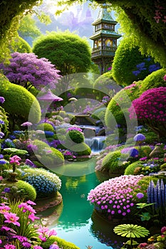 enchanted botanic garden beautiful flowers cute animals fantasy art divine proportion intricate generative ai