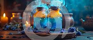 Enchanted Brew: A Mystic Elixir Amidst Witches\' Charms. Concept Fantasy Potions, Bewitched photo