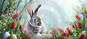 Enchanted Bunny Amidst Spring Tulips and Easter Eggs