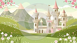 Enchanted Castle in Blossoming Spring Landscape