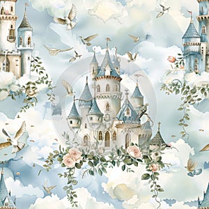 Enchanted Castle in the Clouds with Florals and Doves