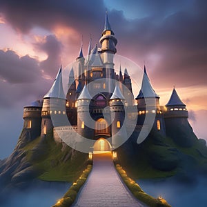 Enchanted castle, Enormous castle surrounded by a magical barrier with towering spires and hidden secrets1