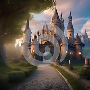 Enchanted castle, Enormous castle surrounded by a magical barrier with towering spires and hidden secrets5