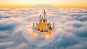 Enchanted castle floating amidst a sea of clouds at sunrise