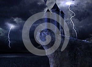 Enchanted Castle at Night in a Thunderstorm