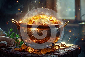 Enchanted cauldron filled with golden coins, emitting a magical glow and smoke