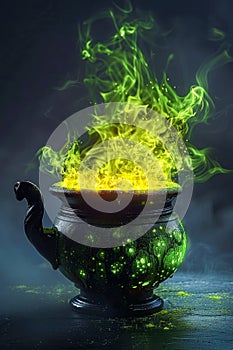 Enchanted Cauldron with Magical Green Smoke and Mystical Glowing Bubbles on Dark Atmospheric Background