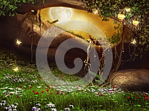 Enchanted cave with flowers photo