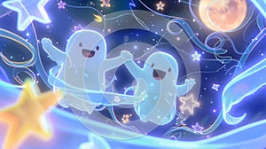 Enchanted Celestial Ghosts Frolicking in Starry Night Sky photo