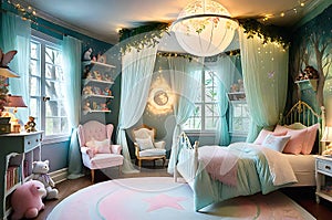 Enchanted Child\'s Bedroom: Canopy Bed Draped in Twinkling Fairy Lights, Walls Adorned with Murals of Whimsy