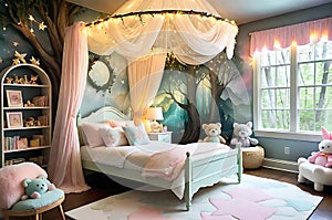 Enchanted Child\'s Bedroom: Canopy Bed Draped in Twinkling Fairy Lights, Walls Adorned with Murals of Whimsy