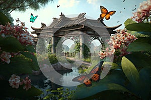 Enchanted Chinese Garden with Butterfly Bridge, Water and Flowers, Fairytale-like