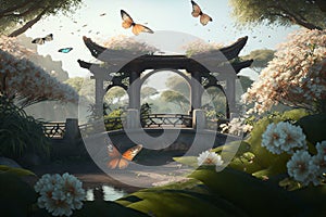 Enchanted Chinese Garden with Butterfly Bridge, Water and Flowers, Fairytale-like