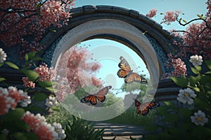 Enchanted Chinese Garden with Butterfly Bridge, Water and Flowers, Fairytale-like