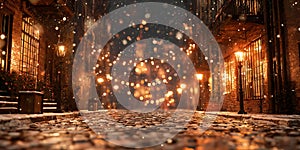 Enchanted Cityscape Night Scene with Falling Lights and Snow
