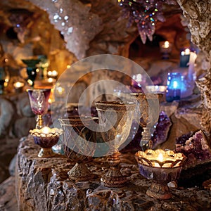 Enchanted Crystal Cave with Illuminated Vintage Goblets