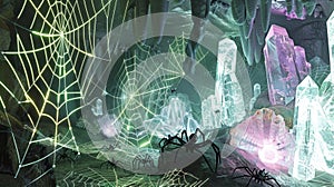 Enchanted Crystal Cave with Luminous Spiderwebs and Arachnids photo