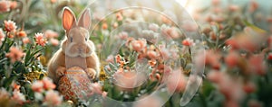 Enchanted easter bunny in blooming garden