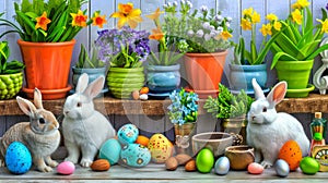 Enchanted Easter Bunnys Among Blooming Potted Plants