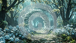 Enchanted Elven Garden of Dreams with White and Light Blue Blossoms Amidst Colorful Elven Trees. With Flowers Arches