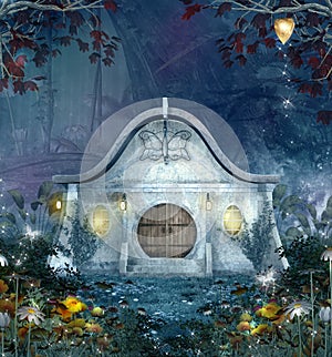 Enchanted elves house by night in a magic forest