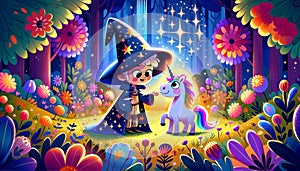 Enchanted Encounter: Young Wizard and Unicorn in a Magical Glade - AI generated digital art