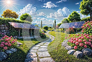 Enchanted energy: a stone walkway leads to solar panels amid a green haven of flowers and trees., generative ai