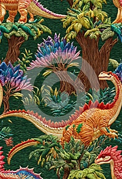 Enchanted exotics dinosaurs, in a mythical forest, embroidered pattern, fantasy art, digital painting, animal creatures