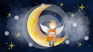 Enchanted fairy, With an aura of calm An angel sitting on a crescent moon Her wings gracefully surround her