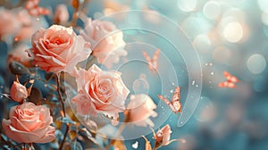 Enchanted Floral Banner: Blooming Roses and Butterflies on Soft Pastel Background