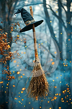 Enchanted Flying Witch\'s Broomstick with Wizard Hat Floating in Mysterious Forest with Magical Glowing Lights