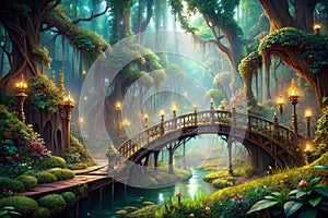Enchanted forest bridge bathed in light, mystical pathway