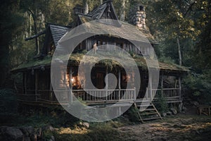 Enchanted Forest Cabin with Witches and Sorcerers. Perfect for Halloween Invitations. photo