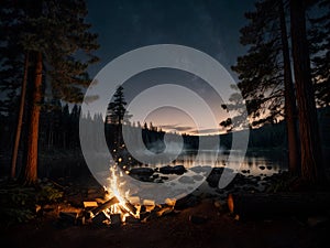 Enchanted forest campfire beside a lake