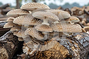 Enchanted forest cluster of shiitake mushrooms flourishing on oak log stump