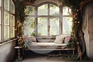 Enchanted forest cottage interior with cozy window seat