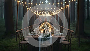 Enchanted Forest Dinner Party Setup with String Lights