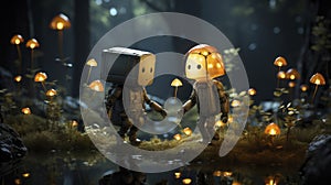 Enchanted Forest Encounter, Two Astronaut Characters Amidst Glowing Mushrooms