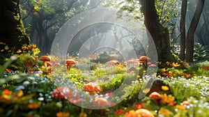 Enchanted forest glade with sunlight and mushrooms