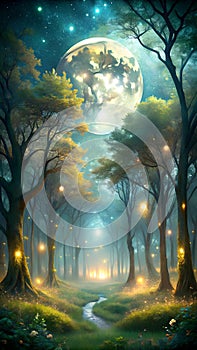 Enchanted forest glows beneath an ethereal moon. trees aglow with photo
