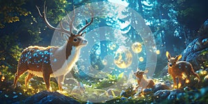 Enchanted Forest Hares with Glowing Orbs for Fantasy Art Magical Moments or Whimsical Backgrounds photo