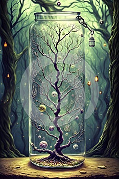 The Enchanted Forest: A Jar Encased Leafless Tree with Alchemical Elements. AI generated